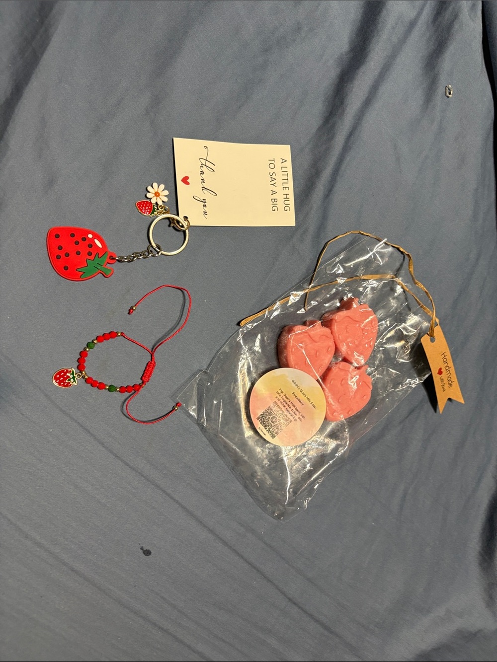 Strawberry Keychain Charm with bracelet and 3 strawberry mini goat milk soaps - Picture 12 of 17